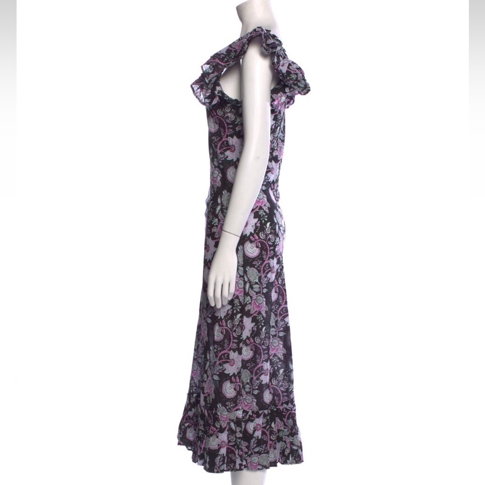 NWT MILLE FLORAL BLACK AND PURPLE RUFFLE V NECK SHORT SLEEVE DRESS - Picture 2 of 3